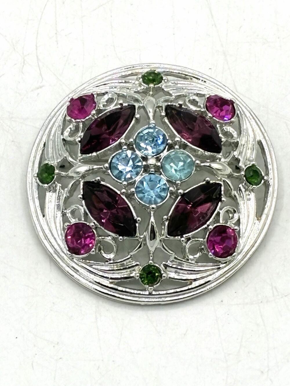 Vintage 1972 Sarah Coventry Springtime Brooch Multicolor Rhinestone Silver Tone